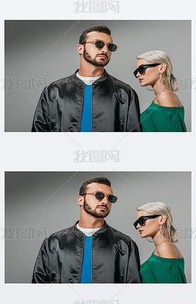 fashionable couple posing in sunglasses, isolated on grey