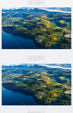 View from airplane to norwegian fjords landscape. Aircraft flying over Norway Scandinia.