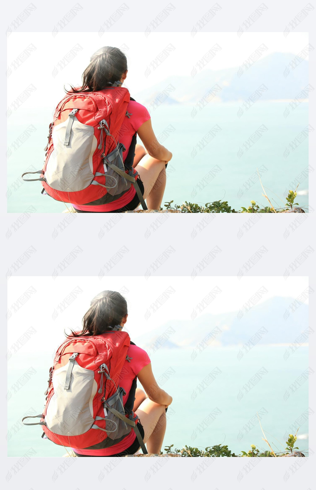 Hiking woman relax and sit seaside