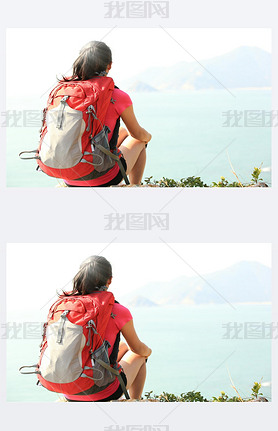 Hiking woman relax and sit seaside