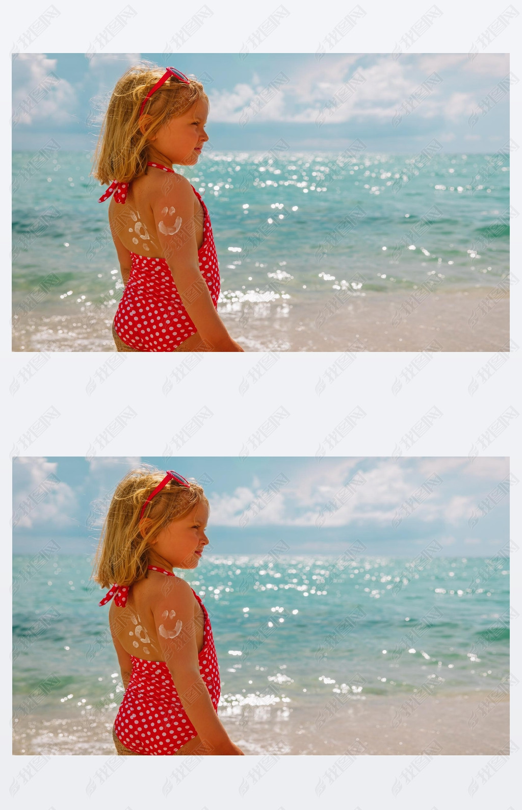sun protection at beach- little girl with sunblock cream on shoulder