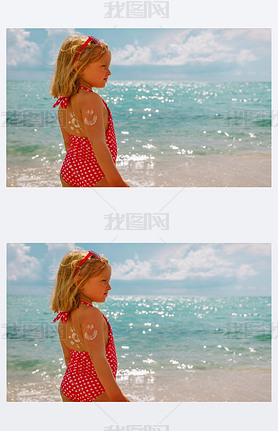 sun protection at beach- little girl with sunblock cream on shoulder