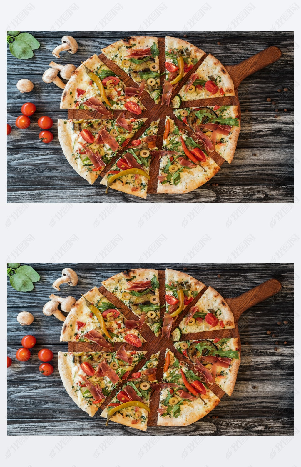 top view of sliced delicious pizza with vegetables and meat on wooden cutting board  