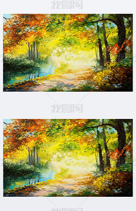 Oil painting landscape - colorful autumn forest