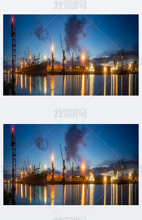 bulk cargo ships in the sea port at night, high resolution panor