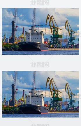 Seaport. Port cranes. Loading equipment in the port. Unloading c