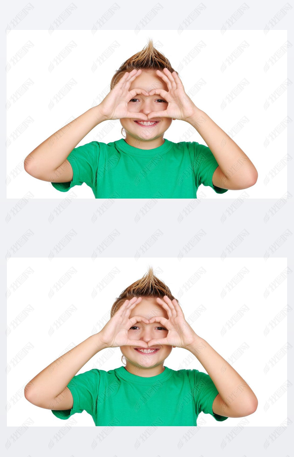 Boy in green tshirt making heart symbol with hands