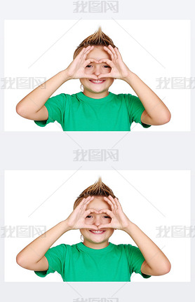 Boy in green tshirt making heart symbol with hands