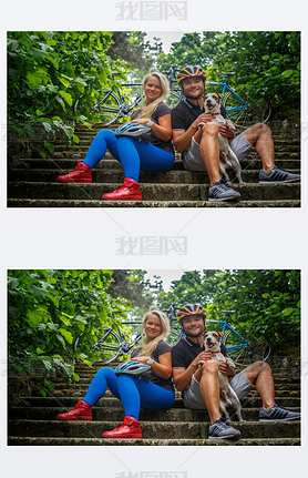 Man and woman in sportswear sitting on steps.