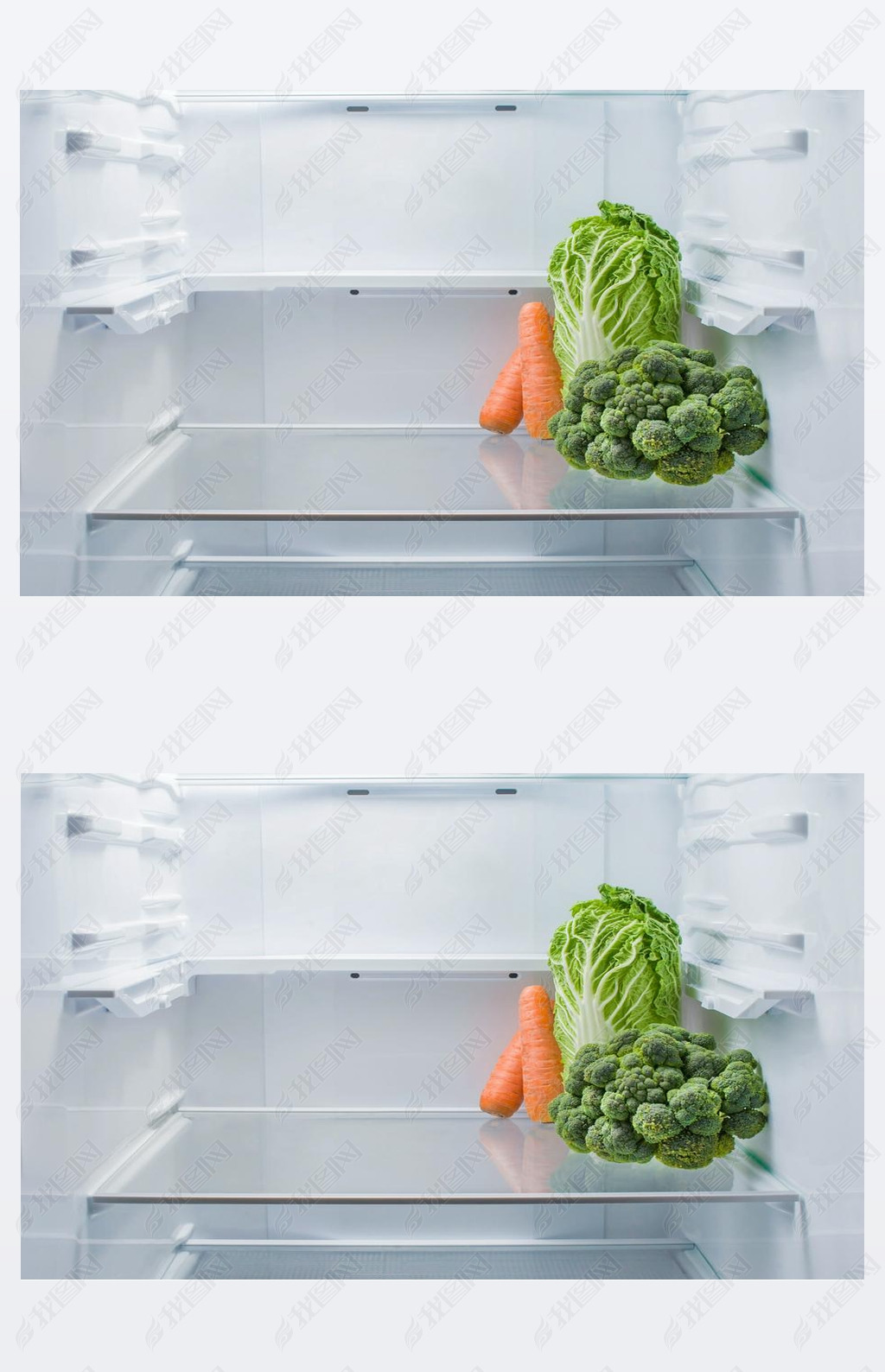 Fresh broccoli, Beijing cabbage and carrots in an empty refrigerator, copy space