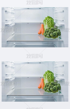 Fresh broccoli, Beijing cabbage and carrots in an empty refrigerator, copy space