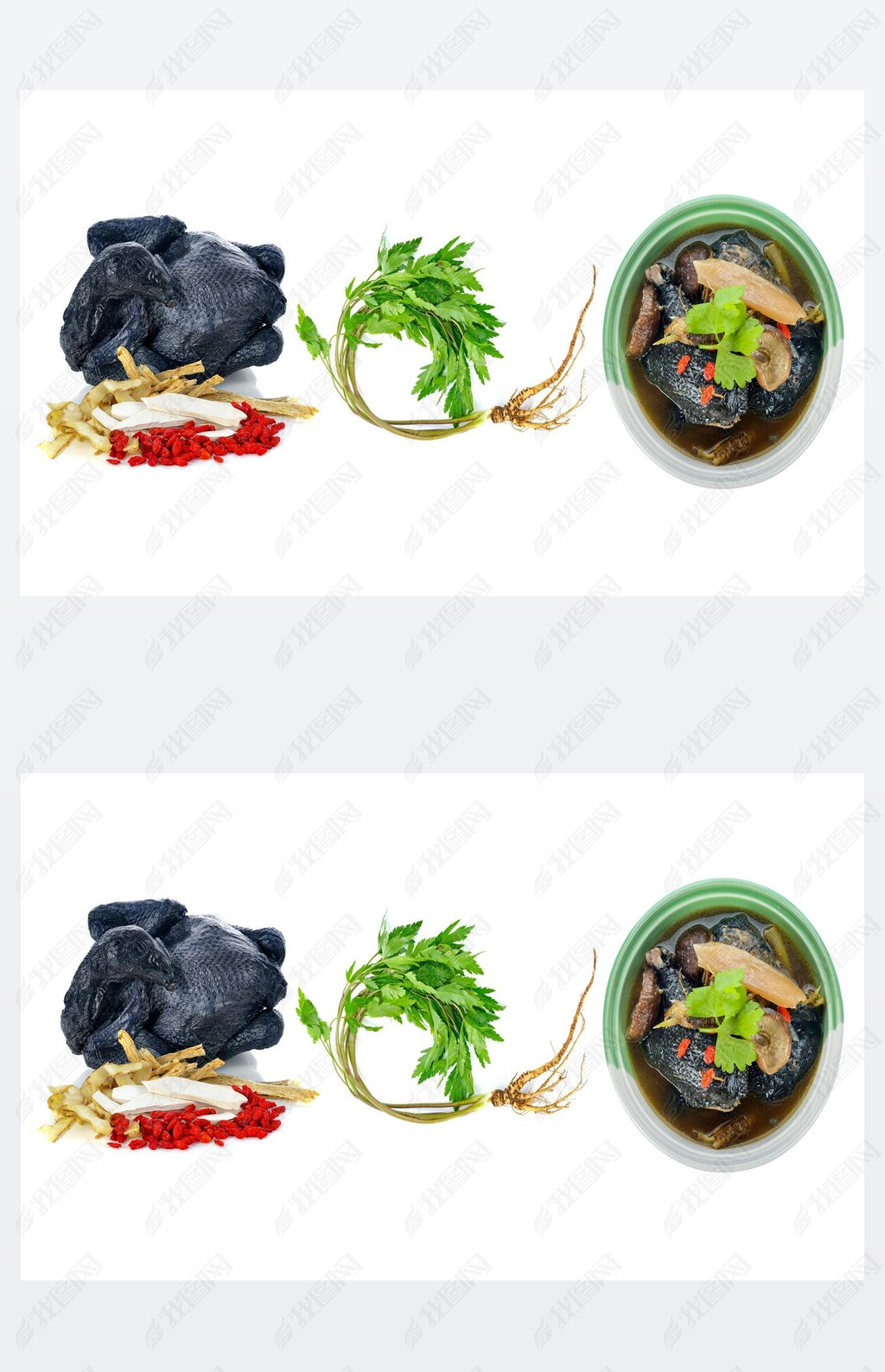 Black chicken stewed with chinese herbs on white background.