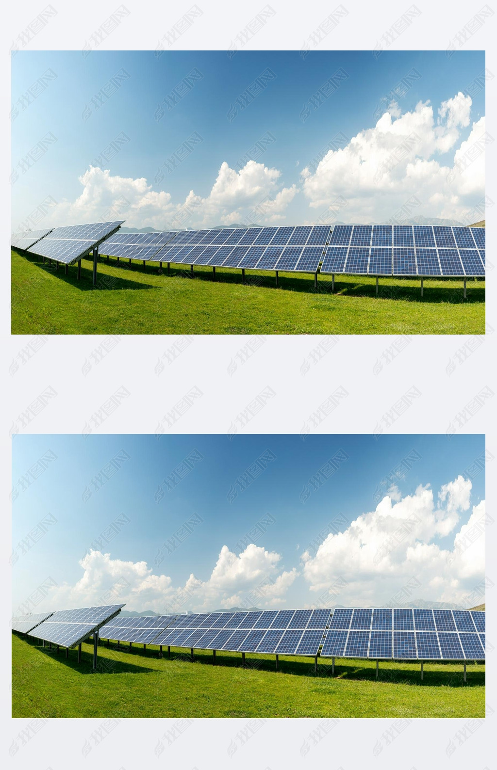 Panoramic view of solar panels, photovoltaics, alternative electricity source - concept of sustainab