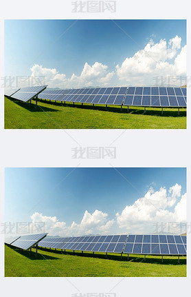 Panoramic view of solar panels, photovoltaics, alternative electricity source - concept of sustainab