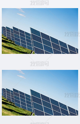 Solar panels against blue sky background