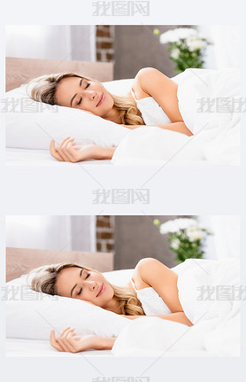 Young woman in pajamas sleeping on white bedding at home 