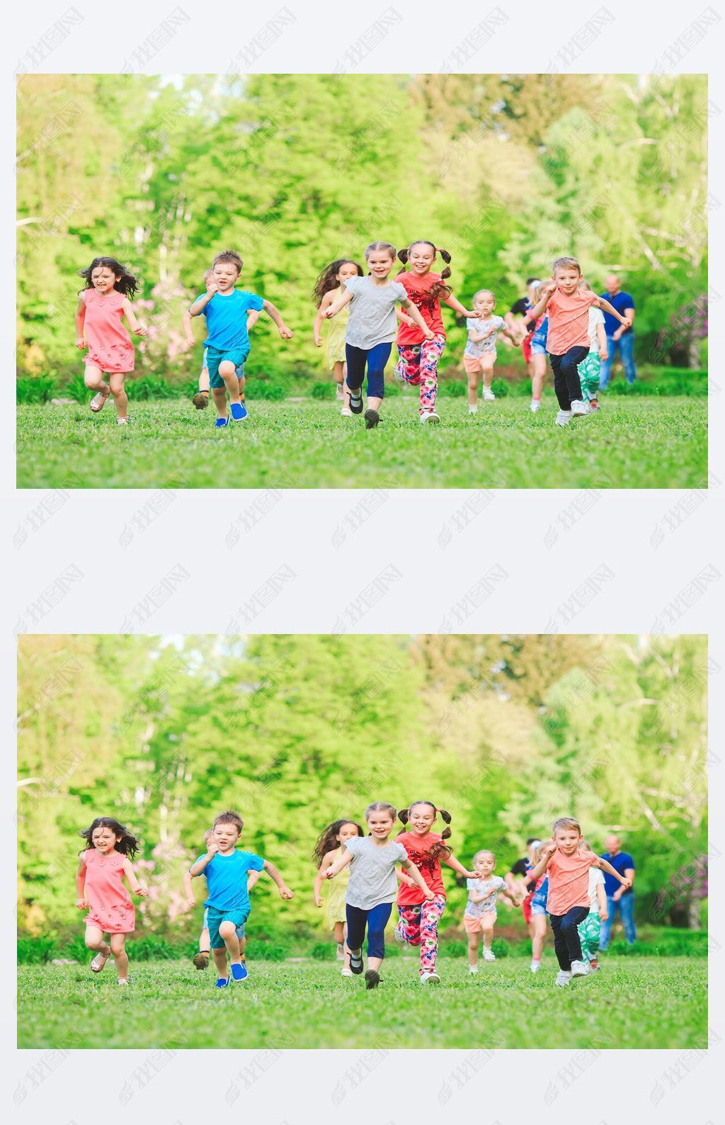 Many different kids, boys and girls running in the park on sunny summer day in casual clothes.