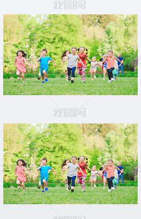 Many different kids, boys and girls running in the park on sunny summer day in casual clothes.