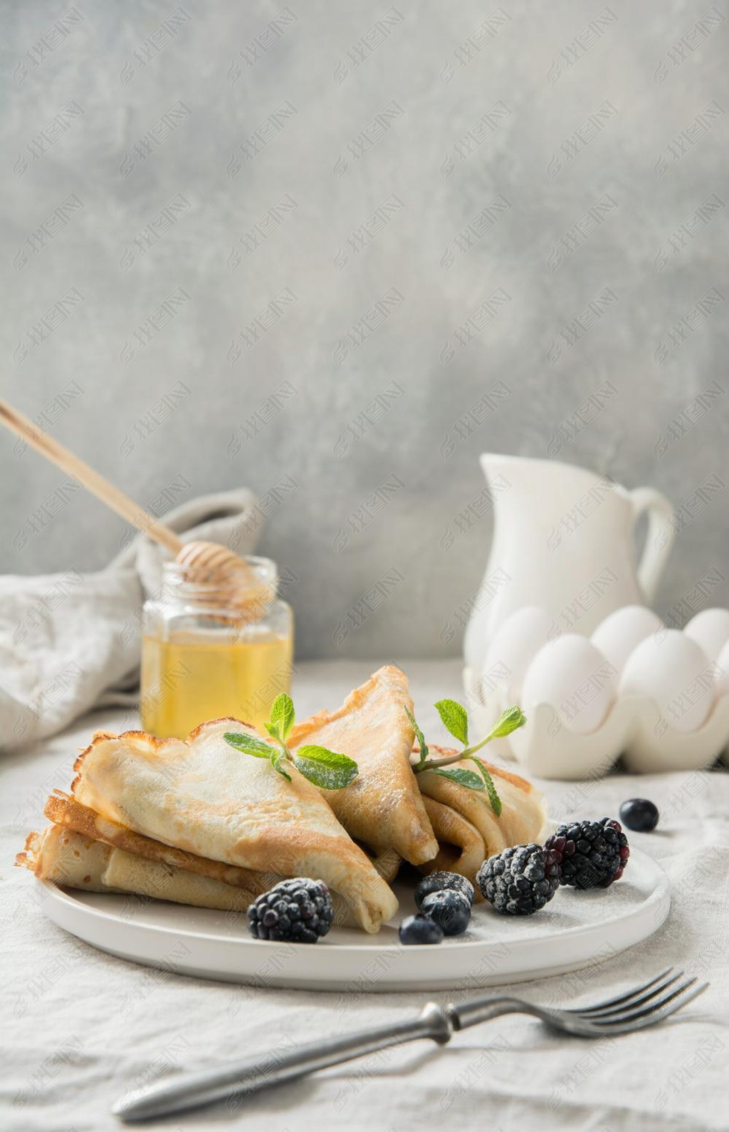 Tasty traditional russian pancakes, honey. Springtime. Shrovetide.
