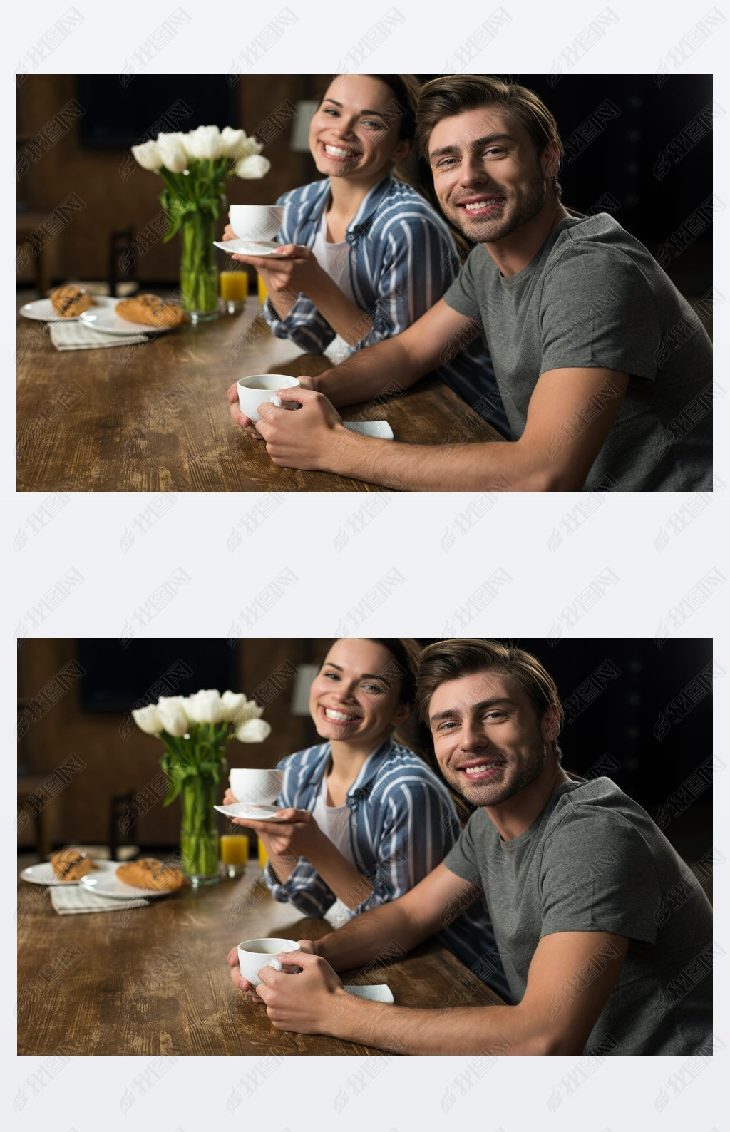 Smiling wife and husband drinking coffee in kitchen