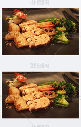 Fresh Assorted Seafood, Salmon Fillet, Scallop and Vegetable Teppanyaki Grill (Japanese cuisine that