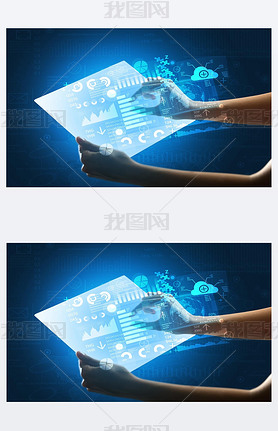 Hands touching a glass-like tablet with blue graphs