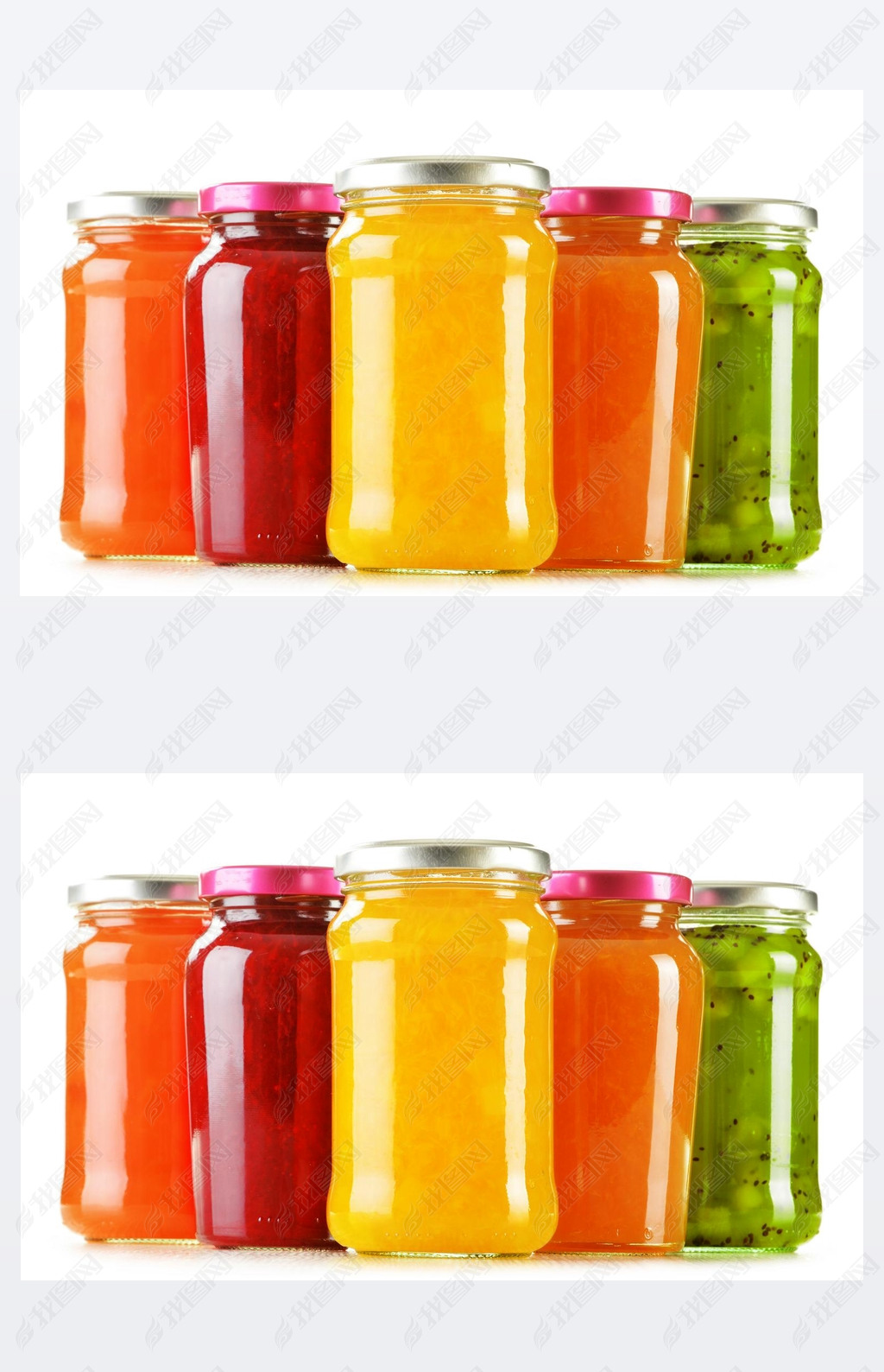 Jars of fruity jams isolated on white background