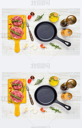 Raw Beef Meat with Frying Pan and Cooking Ingredients