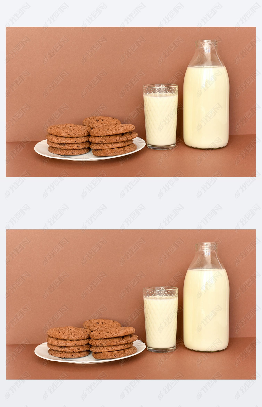 Milk in glass bottle and transparent glass and cookies on white plate 