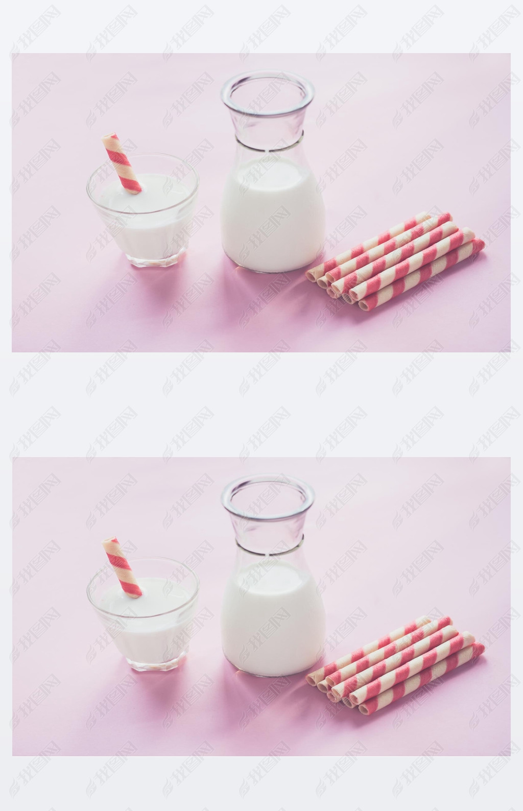 bottle of milk and glass of milk on pink background.