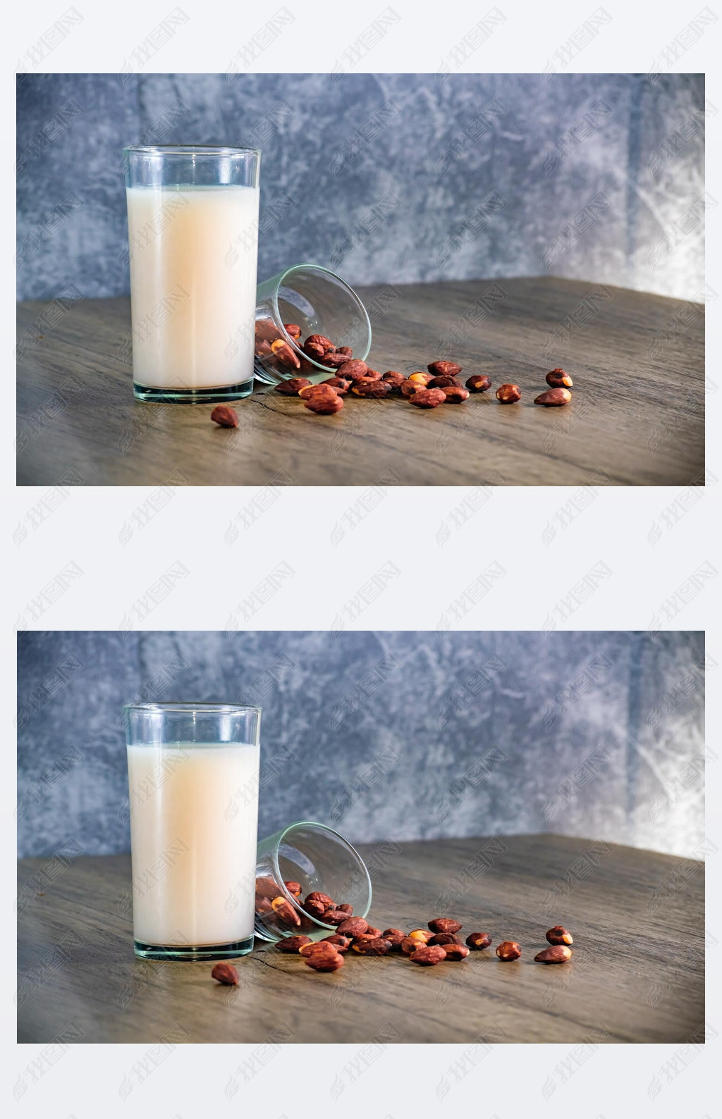 Almond milk with almond on a wooden table and background is bare cement walls