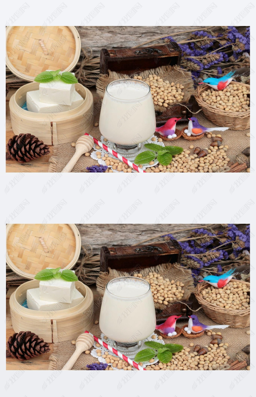 Soy milk and soybeans on wood background.