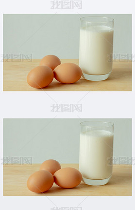 Glass of milk and eggs on white table and white background.