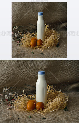 bottle of milk and eggs. rustic style on burlap background