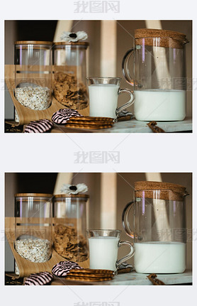 Flakes and cup of milk for breakfast. Concept of healthy food. Warm toning image. Rustic styling