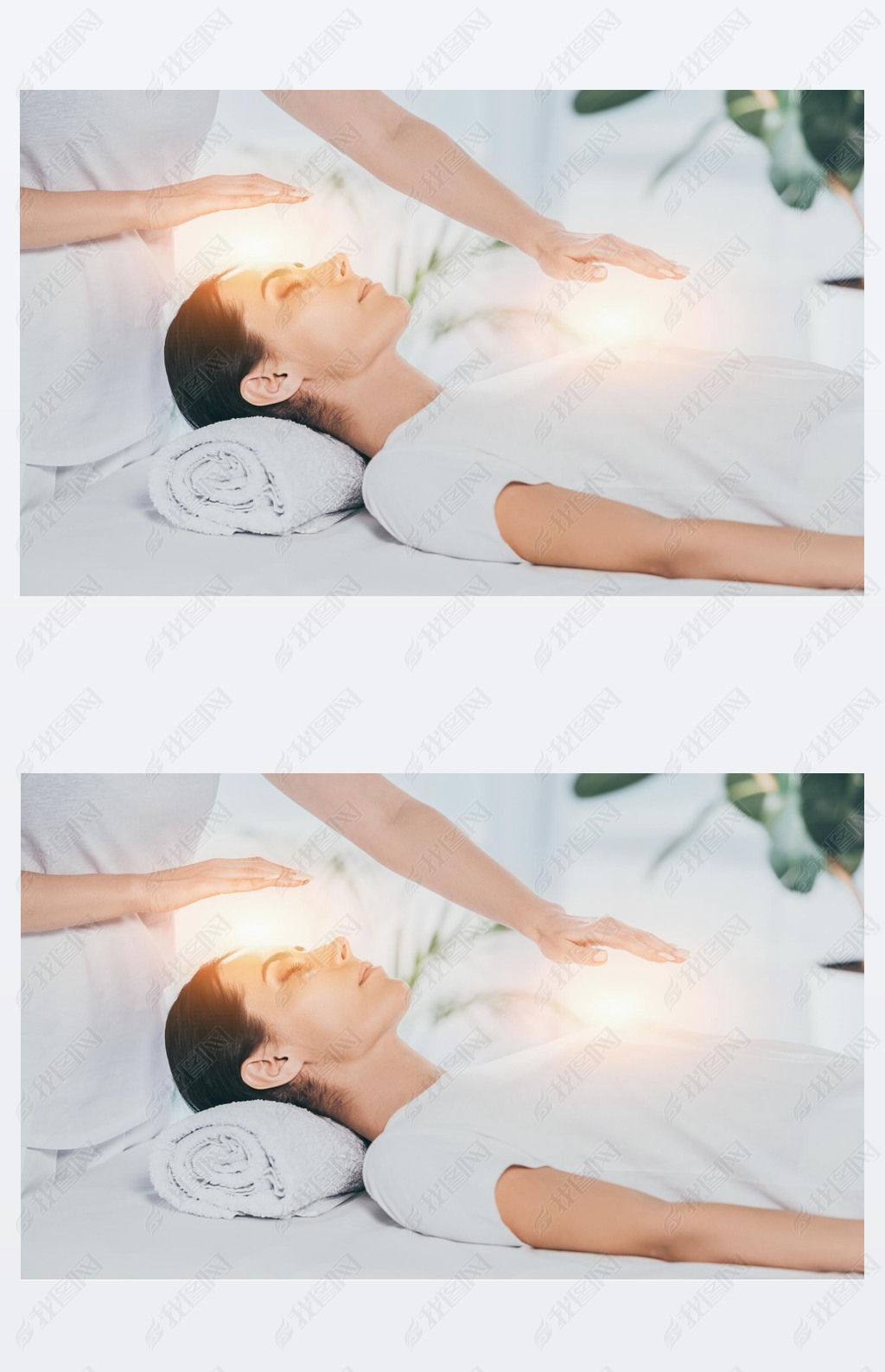 cropped shot of reiki healer doing therapy session to calm young woman with closed eyes