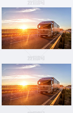 Modern wagon truck transports cargo against the backdrop of a sunset. The concept of truck drivers i