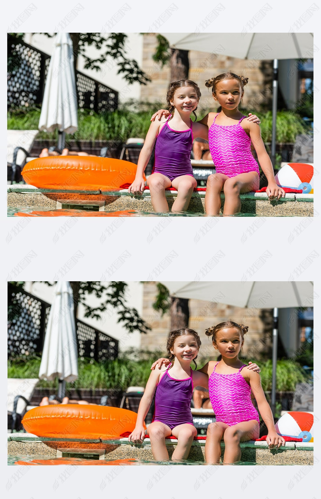 girls in swimsuits hugging while sitting at poolside near inflatable ball and ring