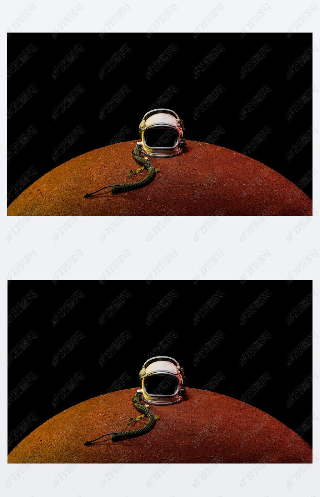 helmet from spacesuit lying on mars planet in black universe