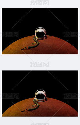 helmet from spacesuit lying on mars planet in black universe