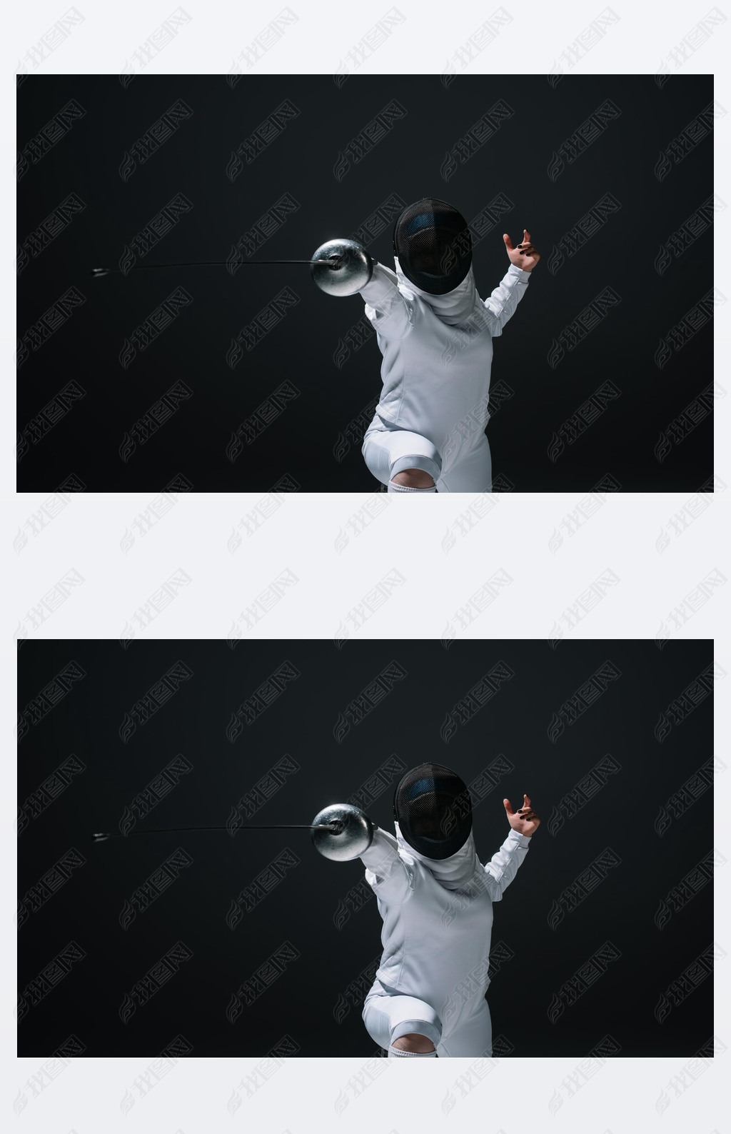 Fencer in fencing mask exercising with rapier isolated on black 