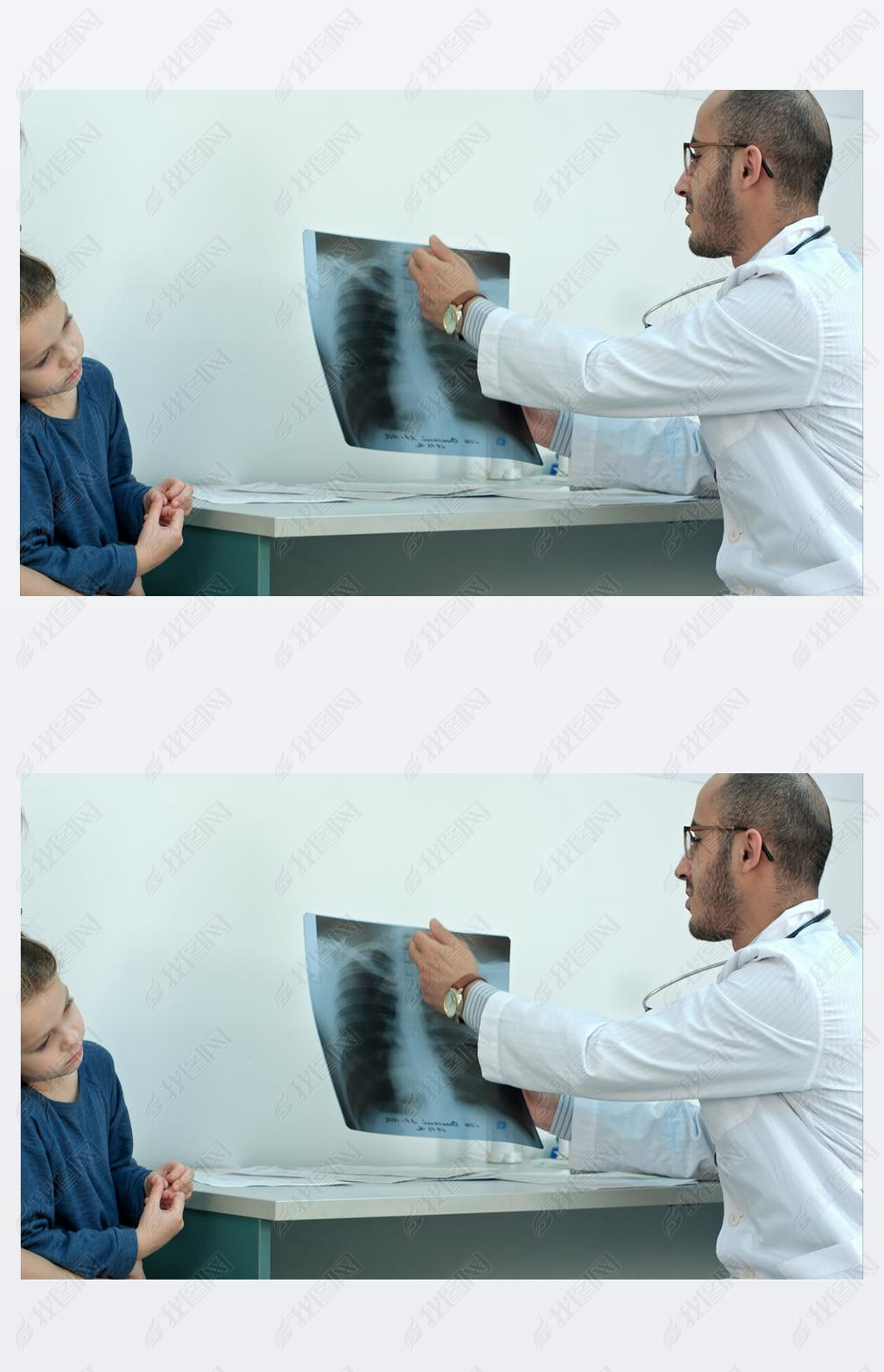 Doctor explaining chest xray image to mother with little daughter