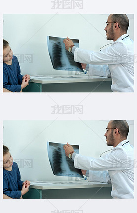 Doctor explaining chest xray image to mother with little daughter