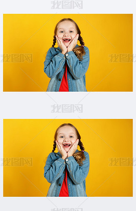 Cheerful emotional little girl in a denim shirt on a yellow background. The child is pleased with th