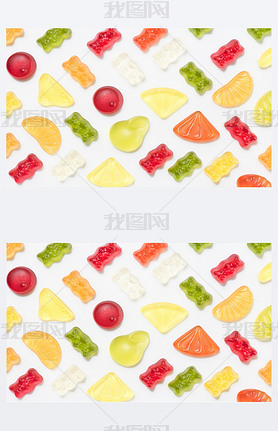 top view of colorful various gummy candies isolated on white