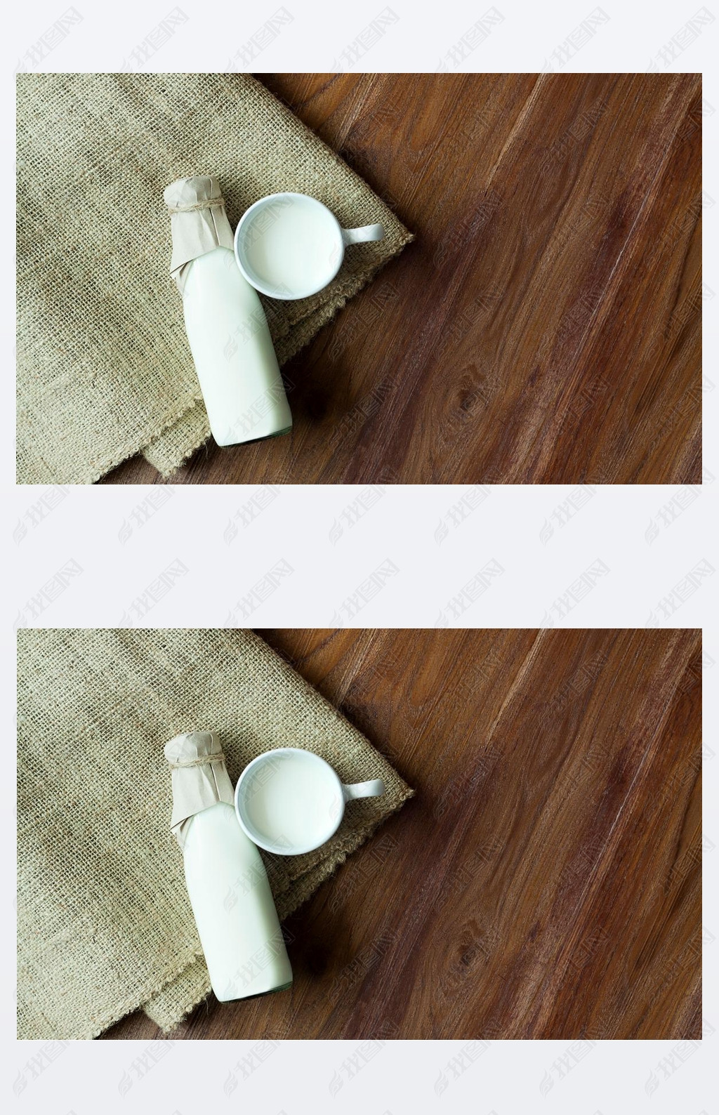 A bottle of milk and glass of fresh milk on a sack with wooden table background