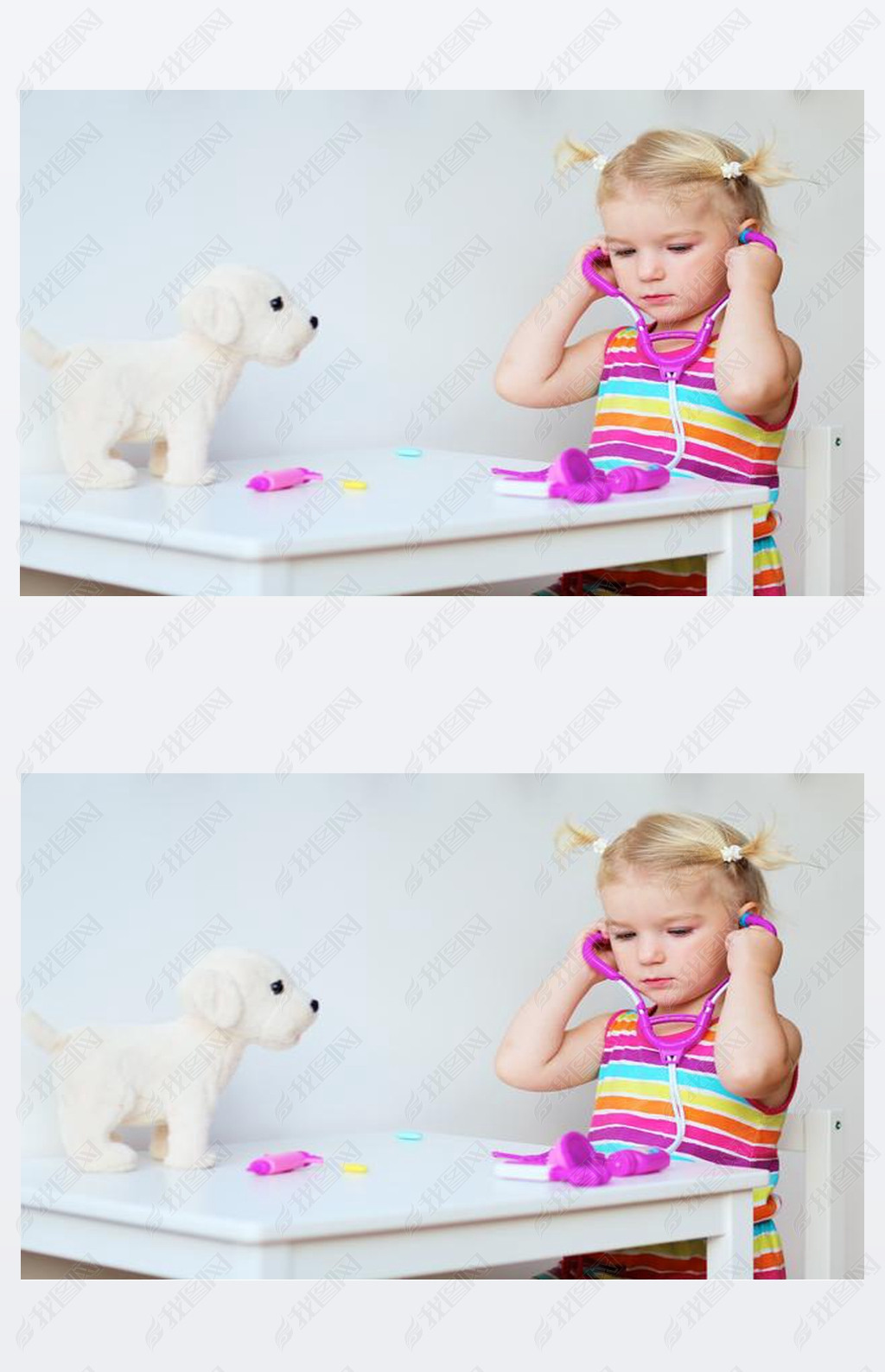 Little girl playing doctor with toy puppy