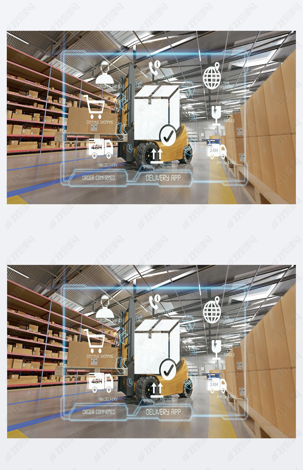 View of a Logistic delivery service application on a warehouse background 3d rendering