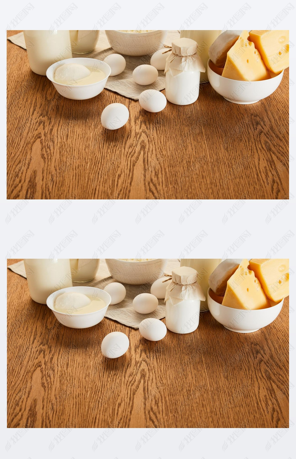 various fresh organic dairy products and eggs on rustic wooden table