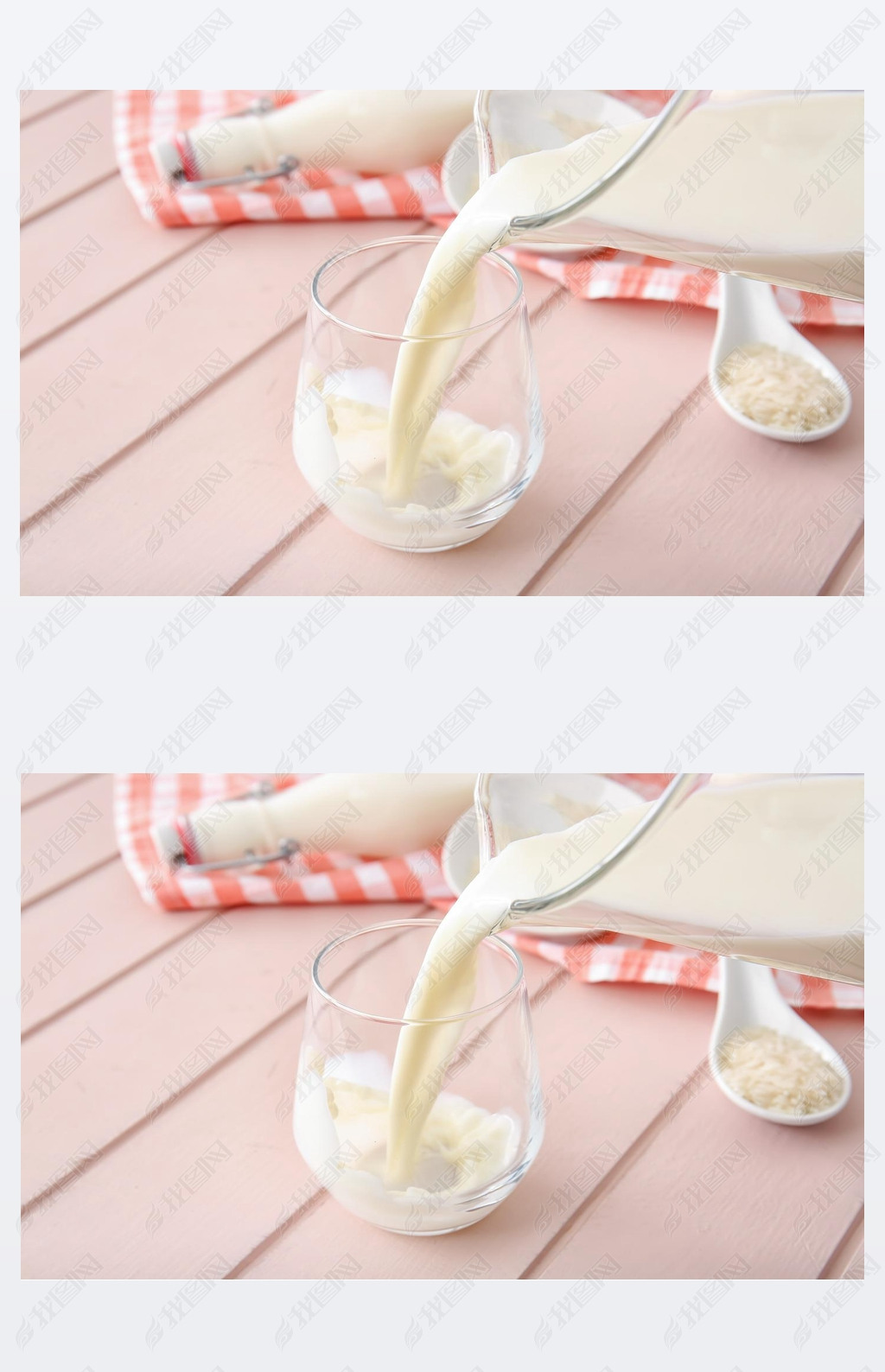 Pouring of rice milk from jug into glass on table